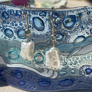 Elegant Freshwater Pearl and Aqua Cubic Zirconia Earrings 14k Gold Filled